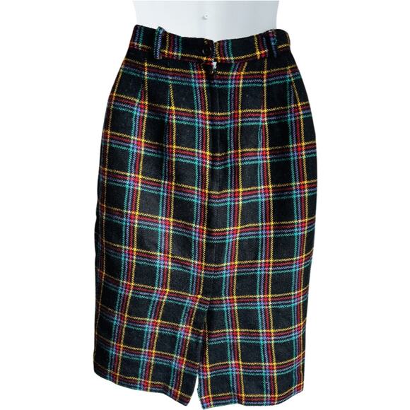 Vintage 70s Black Red Yellow Plaid Wool Skirt Pleated 2 Ports Trademark Designs - Picture 2 of 8